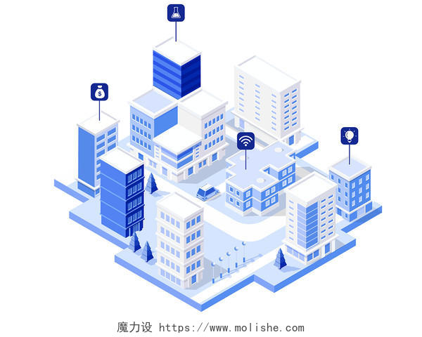 智慧城市网络科技城市规划扁平楼房图标地图元素电商PNG素材25D